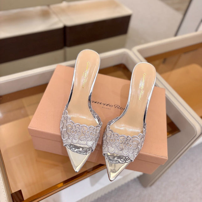 GIANVITO ROSSI 26S HEELED SANDALS 105 MM IN SILVER LACE AND LAMBSKIN