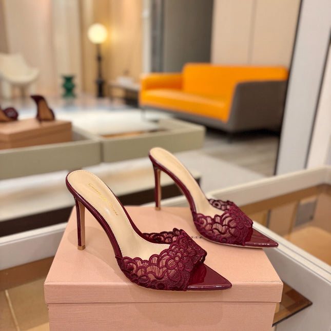 GIANVITO ROSSI 26S HEELED SANDALS 105 MM IN DARK RED LACE AND LAMBSKIN