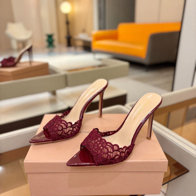 GIANVITO ROSSI 26S HEELED SANDALS 105 MM IN DARK RED LACE AND LAMBSKIN