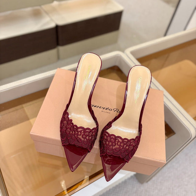 GIANVITO ROSSI 26S HEELED SANDALS 105 MM IN DARK RED LACE AND LAMBSKIN