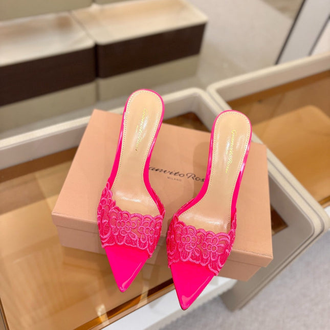 GIANVITO ROSSI 26S HEELED SANDALS 105 MM IN PINK LACE AND LAMBSKIN