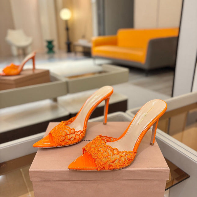 GIANVITO ROSSI 26S HEELED SANDALS 105 MM IN ORANGE LACE AND LAMBSKIN