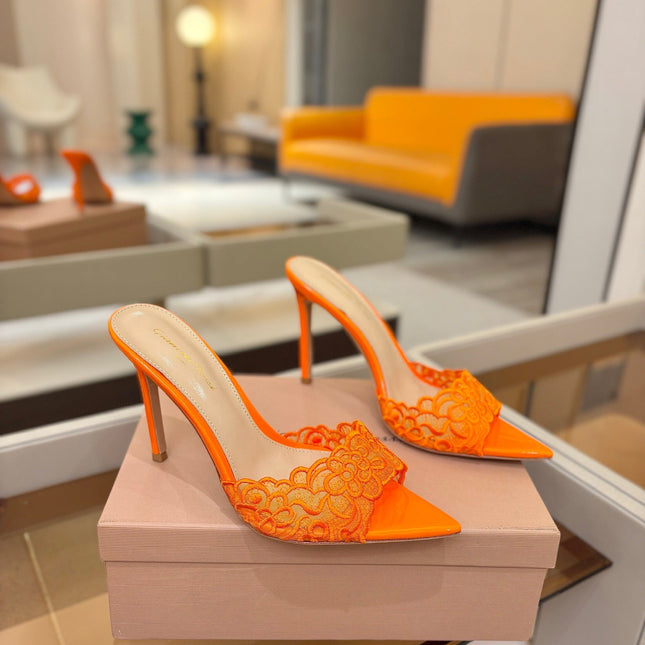 GIANVITO ROSSI 26S HEELED SANDALS 105 MM IN ORANGE LACE AND LAMBSKIN