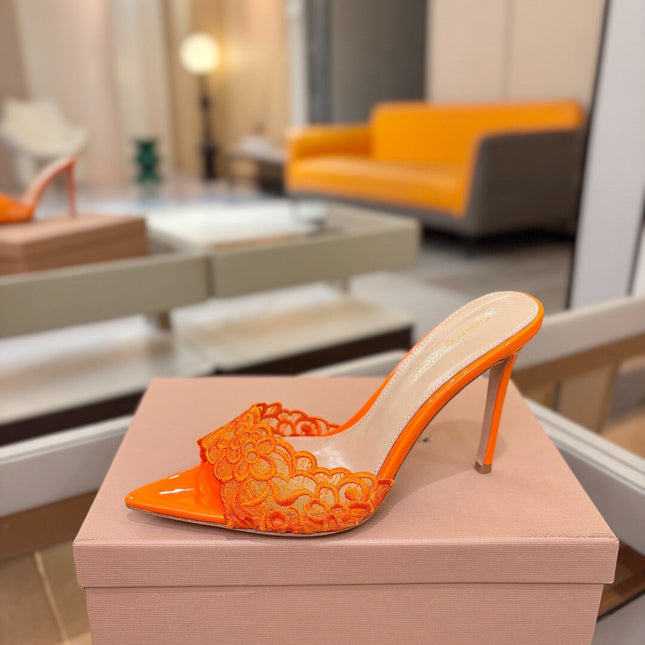 GIANVITO ROSSI 26S HEELED SANDALS 105 MM IN ORANGE LACE AND LAMBSKIN