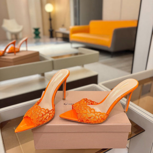 GIANVITO ROSSI 26S HEELED SANDALS 105 MM IN ORANGE LACE AND LAMBSKIN