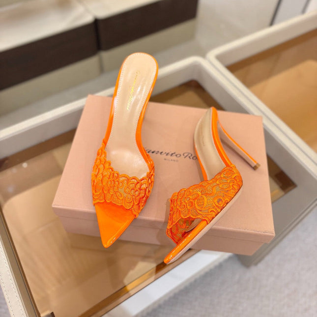 GIANVITO ROSSI 26S HEELED SANDALS 105 MM IN ORANGE LACE AND LAMBSKIN
