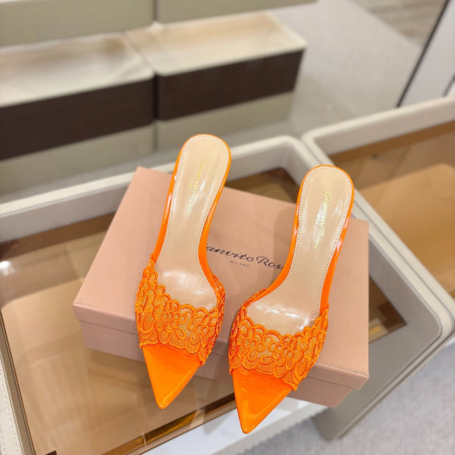 GIANVITO ROSSI 26S HEELED SANDALS 105 MM IN ORANGE LACE AND LAMBSKIN