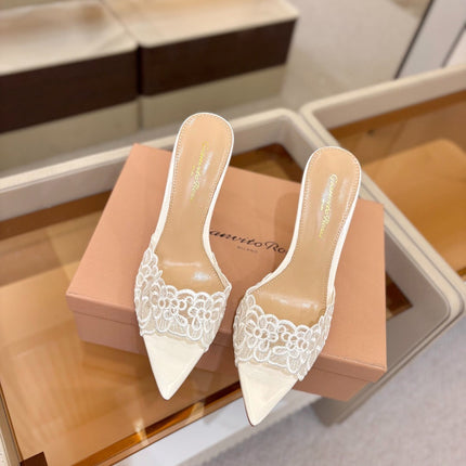 GIANVITO ROSSI 26S HEELED SANDALS 105 MM IN WHITE LACE AND LAMBSKIN