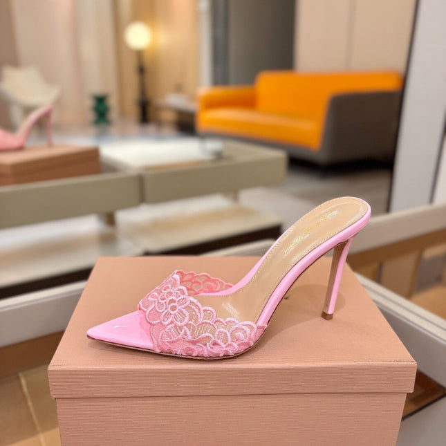 GIANVITO ROSSI 26S HEELED SANDALS 105 MM IN LIGHT PINK LACE AND LAMBSKIN