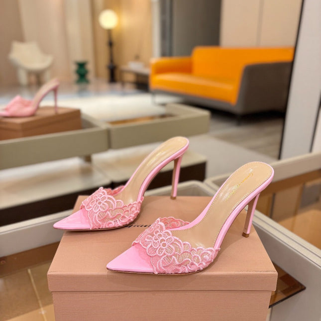 GIANVITO ROSSI 26S HEELED SANDALS 105 MM IN LIGHT PINK LACE AND LAMBSKIN