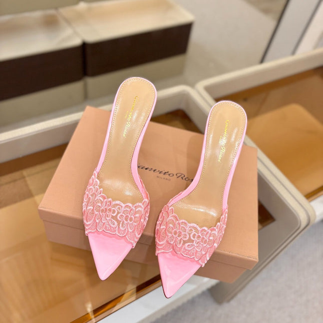 GIANVITO ROSSI 26S HEELED SANDALS 105 MM IN LIGHT PINK LACE AND LAMBSKIN