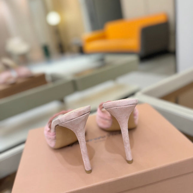 GIANVITO ROSSI 26S HEELED SANDALS 105 MM IN LIGHT PINK SUEDE AND LACE