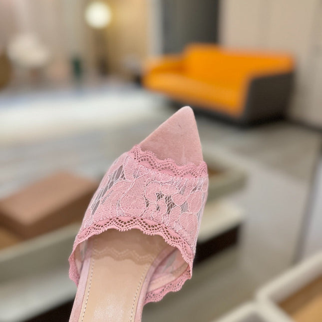 GIANVITO ROSSI 26S HEELED SANDALS 105 MM IN LIGHT PINK SUEDE AND LACE