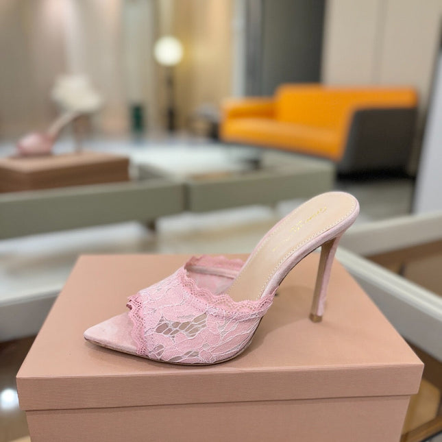 GIANVITO ROSSI 26S HEELED SANDALS 105 MM IN LIGHT PINK SUEDE AND LACE