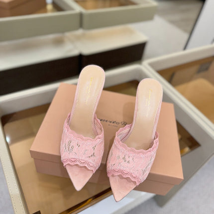 GIANVITO ROSSI 26S HEELED SANDALS 105 MM IN LIGHT PINK SUEDE AND LACE