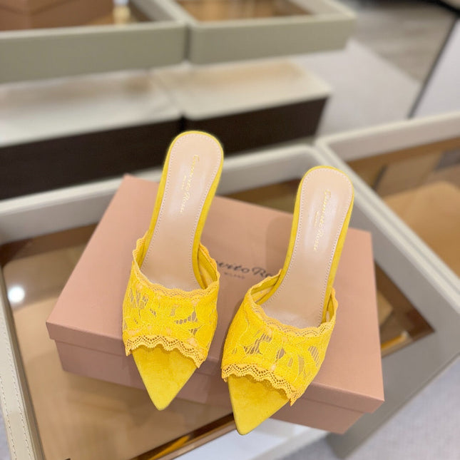 GIANVITO ROSSI 26S HEELED SANDALS 105 MM IN DARK YELLOW SUEDE AND LACE