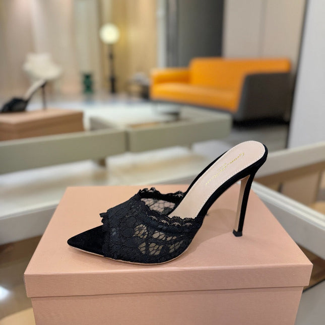 GIANVITO ROSSI 26S HEELED SANDALS 105 MM IN BLACK SUEDE AND LACE