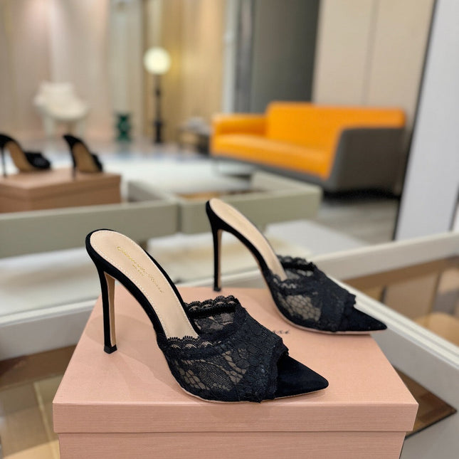 GIANVITO ROSSI 26S HEELED SANDALS 105 MM IN BLACK SUEDE AND LACE