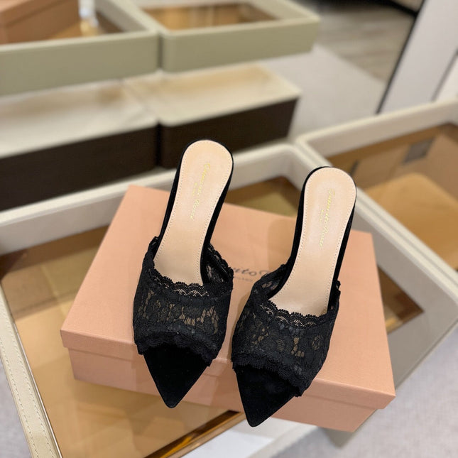 GIANVITO ROSSI 26S HEELED SANDALS 105 MM IN BLACK SUEDE AND LACE