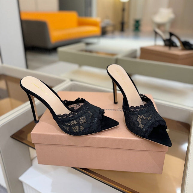 GIANVITO ROSSI 26S HEELED SANDALS 105 MM IN BLACK SUEDE AND LACE