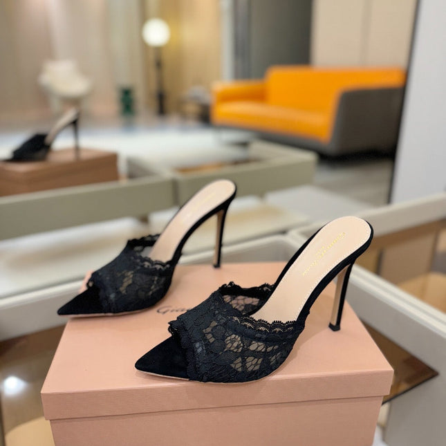 GIANVITO ROSSI 26S HEELED SANDALS 105 MM IN BLACK SUEDE AND LACE