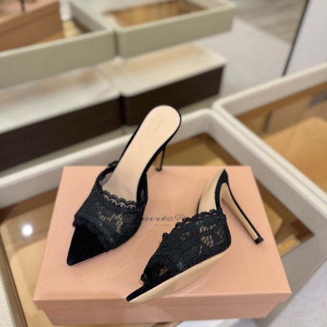 GIANVITO ROSSI 26S HEELED SANDALS 105 MM IN BLACK SUEDE AND LACE