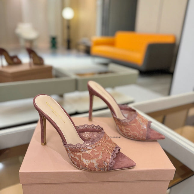 GIANVITO ROSSI 26S HEELED SANDALS 105 MM IN PINKISH BROWN SUEDE AND LACE