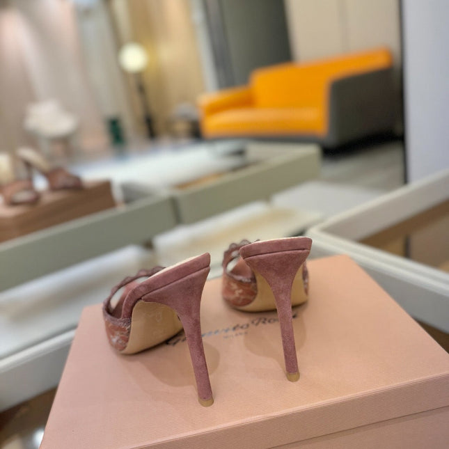 GIANVITO ROSSI 26S HEELED SANDALS 105 MM IN PINKISH BROWN SUEDE AND LACE