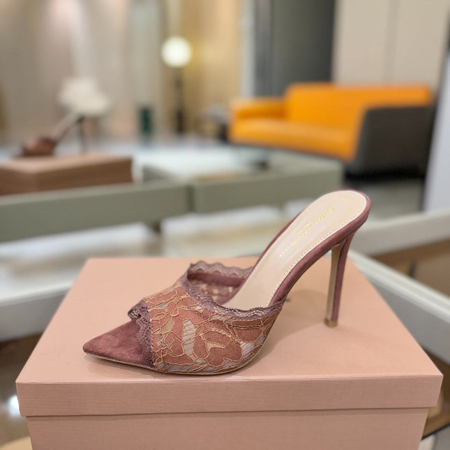 GIANVITO ROSSI 26S HEELED SANDALS 105 MM IN PINKISH BROWN SUEDE AND LACE