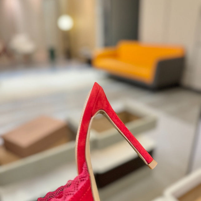 GIANVITO ROSSI 26S HEELED SANDALS 105 MM IN RED SUEDE AND LACE