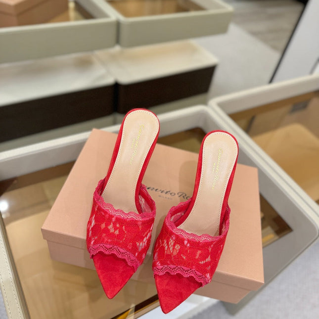 GIANVITO ROSSI 26S HEELED SANDALS 105 MM IN RED SUEDE AND LACE
