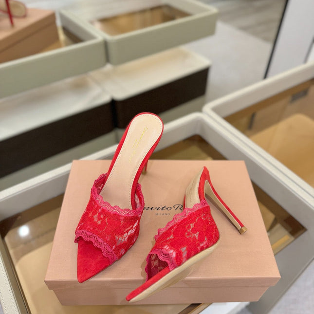 GIANVITO ROSSI 26S HEELED SANDALS 105 MM IN RED SUEDE AND LACE