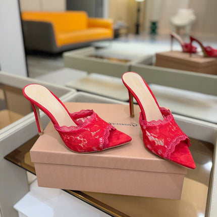 GIANVITO ROSSI 26S HEELED SANDALS 105 MM IN RED SUEDE AND LACE