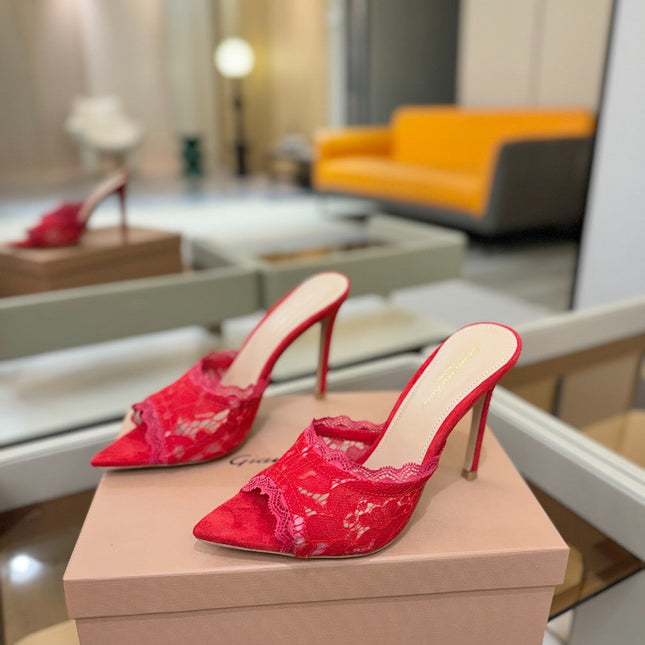 GIANVITO ROSSI 26S HEELED SANDALS 105 MM IN RED SUEDE AND LACE