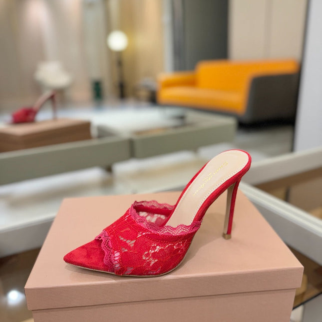 GIANVITO ROSSI 26S HEELED SANDALS 105 MM IN RED SUEDE AND LACE
