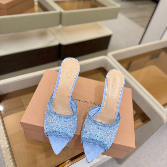 GIANVITO ROSSI 26S HEELED SANDALS 105 MM IN LIGHT BLUE SUEDE AND LACE