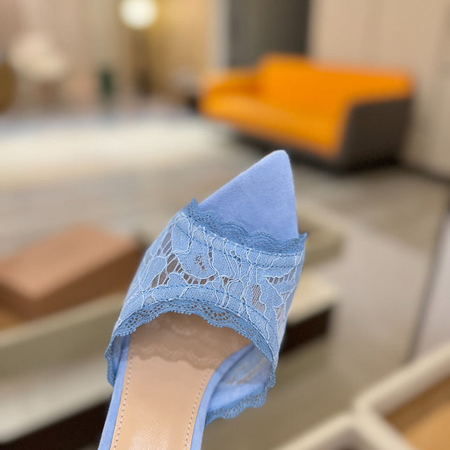 GIANVITO ROSSI 26S HEELED SANDALS 105 MM IN LIGHT BLUE SUEDE AND LACE