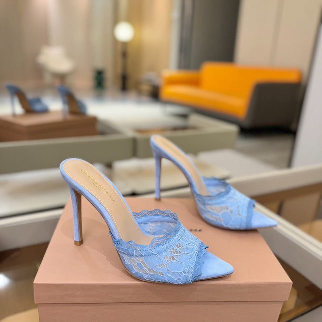 GIANVITO ROSSI 26S HEELED SANDALS 105 MM IN LIGHT BLUE SUEDE AND LACE