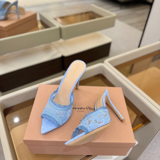 GIANVITO ROSSI 26S HEELED SANDALS 105 MM IN LIGHT BLUE SUEDE AND LACE