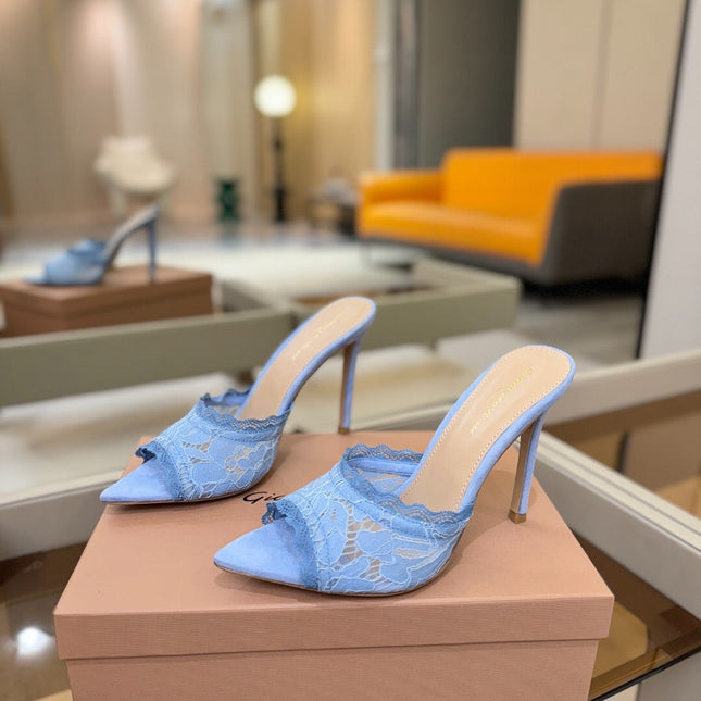 GIANVITO ROSSI 26S HEELED SANDALS 105 MM IN LIGHT BLUE SUEDE AND LACE