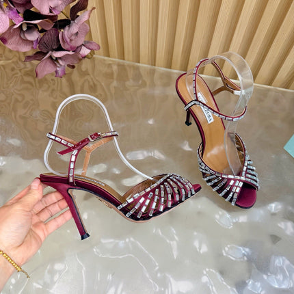 AQUAZZURA 26S CRYSTAL SANDALS 85 MM IN DARK RED SATIN