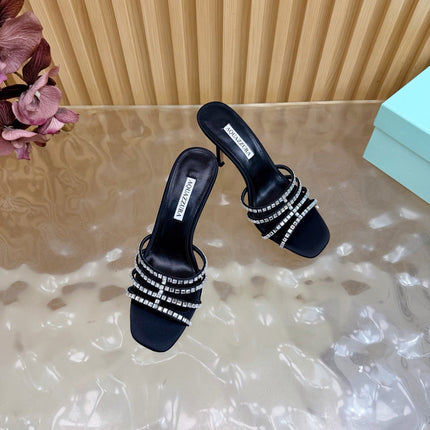 AQUAZZURA 26S CRYSTAL HIGH-HEEL SLIDES 85 MM IN BLACK SATIN
