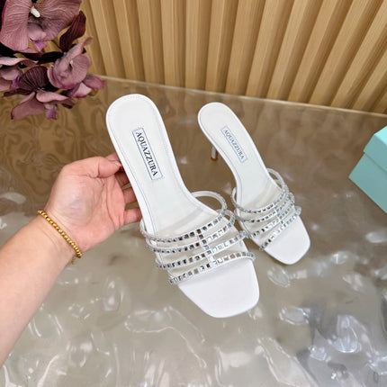 AQUAZZURA 26S CRYSTAL HIGH-HEEL SLIDES 85 MM IN WHITE SATIN
