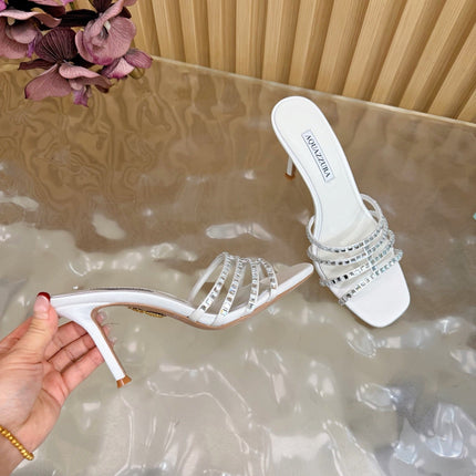 AQUAZZURA 26S CRYSTAL HIGH-HEEL SLIDES 85 MM IN WHITE SATIN