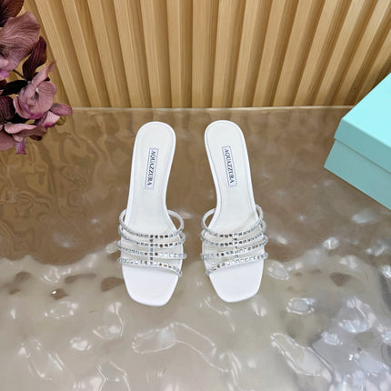 AQUAZZURA 26S CRYSTAL HIGH-HEEL SLIDES 85 MM IN WHITE SATIN