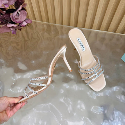AQUAZZURA 26S CRYSTAL HIGH-HEEL SLIDES 85 MM IN BEIGE SATIN