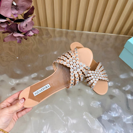 AQUAZZURA 26S SLIDES IN NUDE CALFSKIN CRYSTAL-EMBELLISHED STRAPS