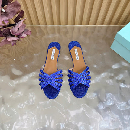 AQUAZZURA 26S SLIDES IN NAVY BLUE LUREX FABRIC