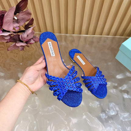 AQUAZZURA 26S SLIDES IN NAVY BLUE LUREX FABRIC