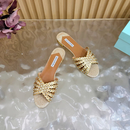 AQUAZZURA 26S SLIDES IN BEIGE LUREX FABRIC